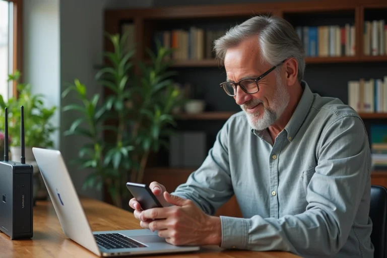 Homme d'âge moyen utilisant un modem et un smartphone à la maison