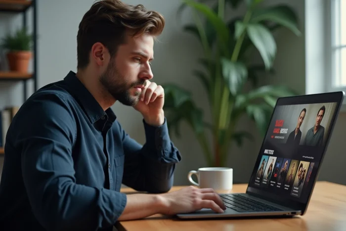 Hombre consultando una interfaz de video bajo demanda legal en su computadora portátil en la oficina