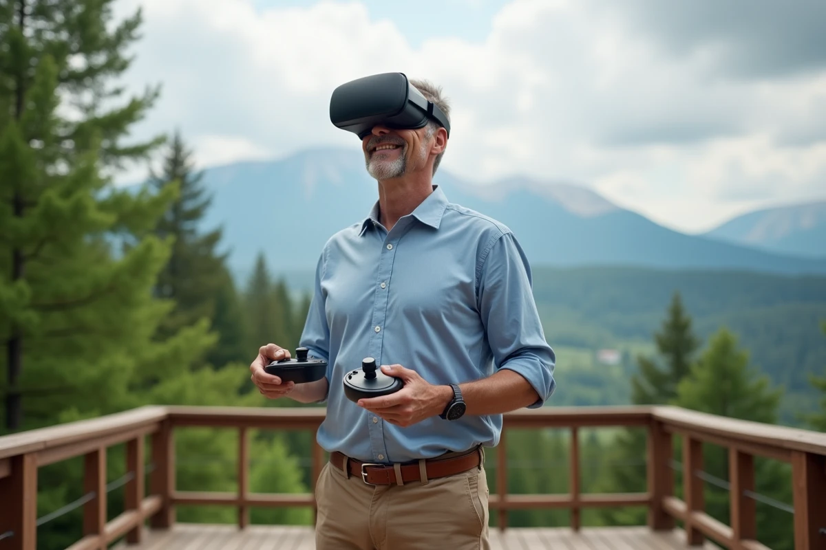 Homme en VR dans un décor naturel avec montagnes