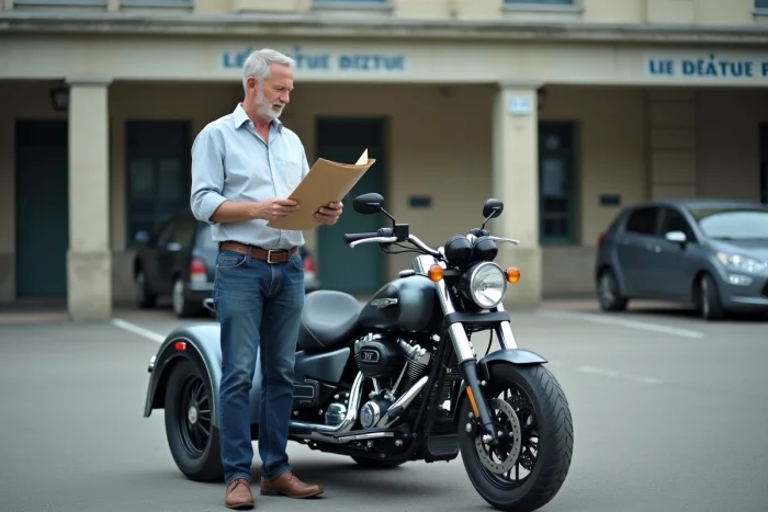 Homme tenant des documents d'homologation devant un trike trois roues garé sur un parking administratif en France