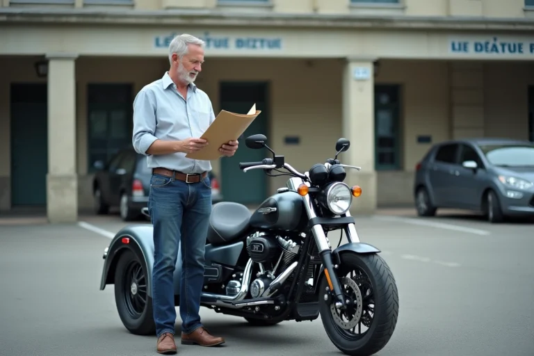Homme tenant des documents d'homologation devant un trike trois roues garé sur un parking administratif en France