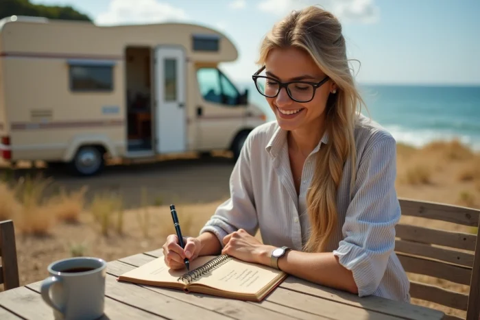 Mulher refletindo sobre ideias de nomes para seu motorhome em um caderno, sentada do lado de fora à beira de um penhasco