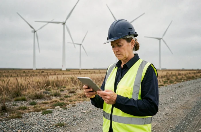 Ingénieure en énergie renouvelable inspectant un parc éolien avec une tablette numérique