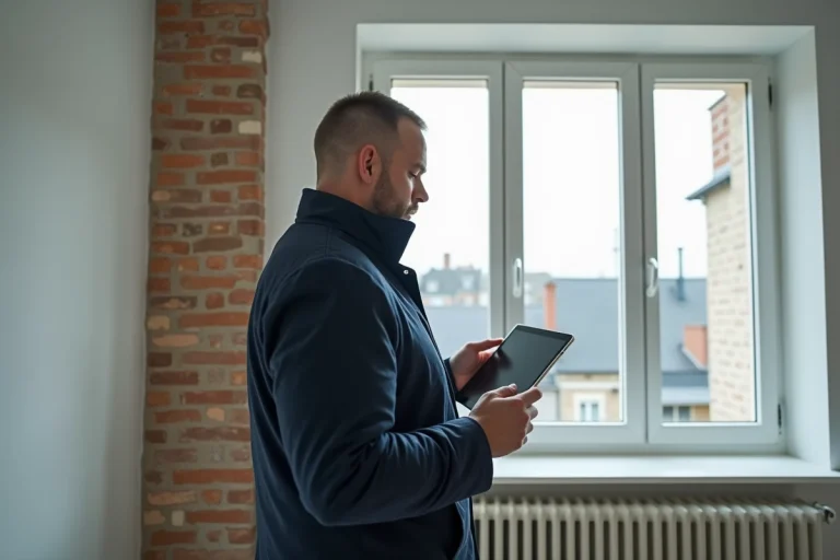 Inspecteur immobilier examinant un radiateur dans un appartement moderne à Rennes