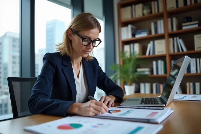 Femme investisseuse immobilière analysant des documents de rentabilité locative à son bureau professionnel