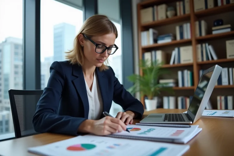 Femme investisseuse immobilière analysant des documents de rentabilité locative à son bureau professionnel