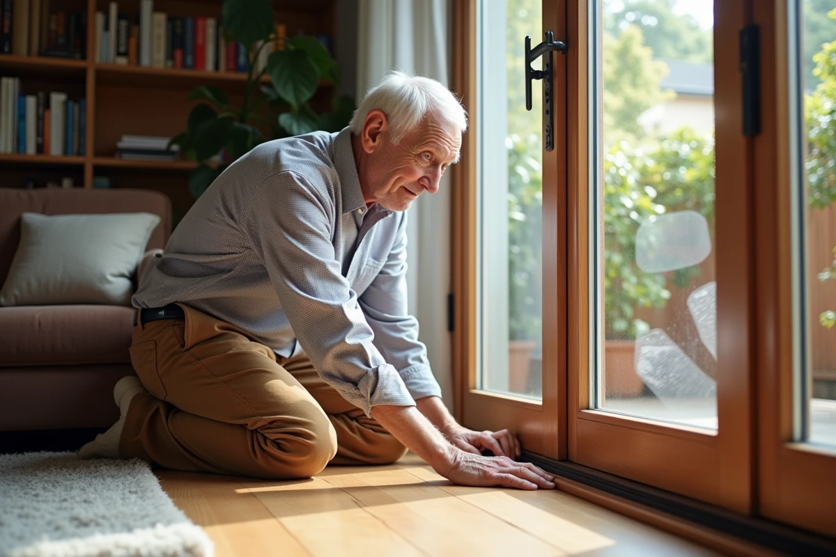 Homme âgé scellant une fenêtre pour améliorer l isolation