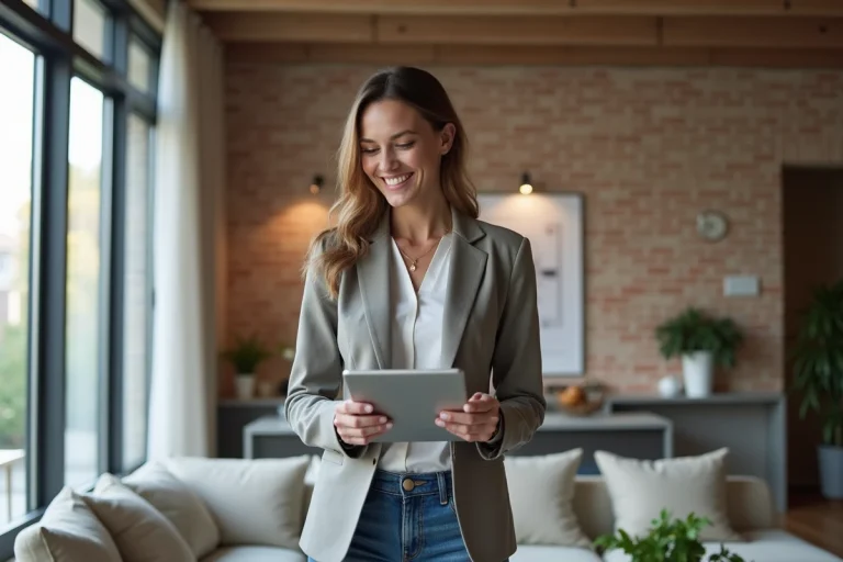 Jeune femme souriante avec tablette dans un appartement moderne