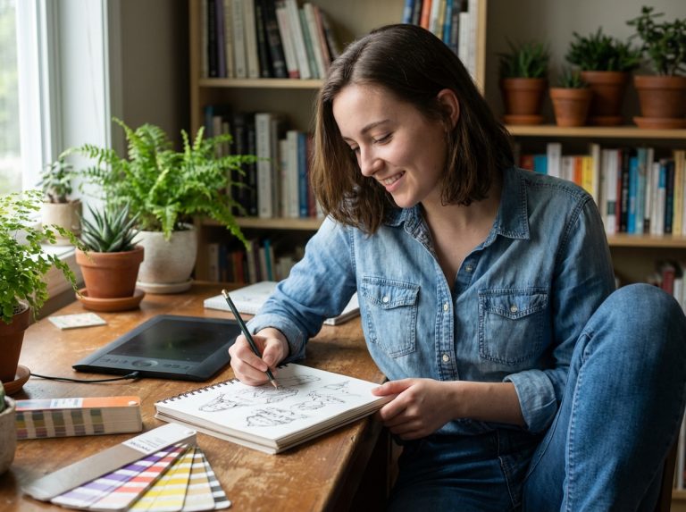 Jeune femme en train de dessiner dans un espace cosy