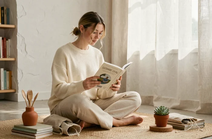 Jeune femme entourée d'objets écoresponsables dans un salon minimaliste, style de vie durable et conscient