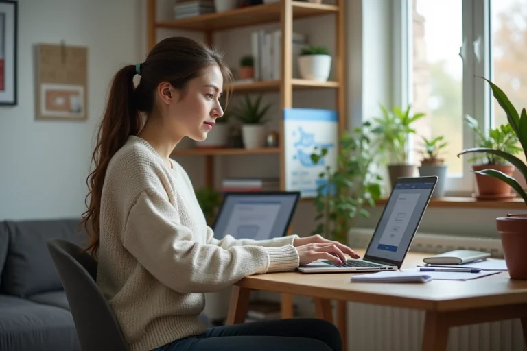 Jeune femme utilisant un ordinateur portable dans un appartement étudiant