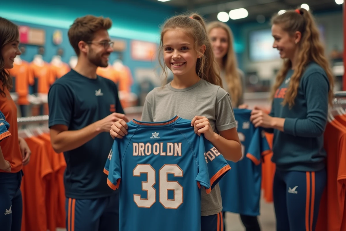 Smiling teenager holding a customized jersey with friends in a sports store