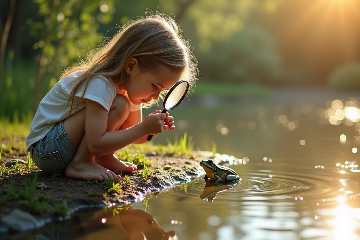 Young girl examining insects by the pond with a magnifying glass