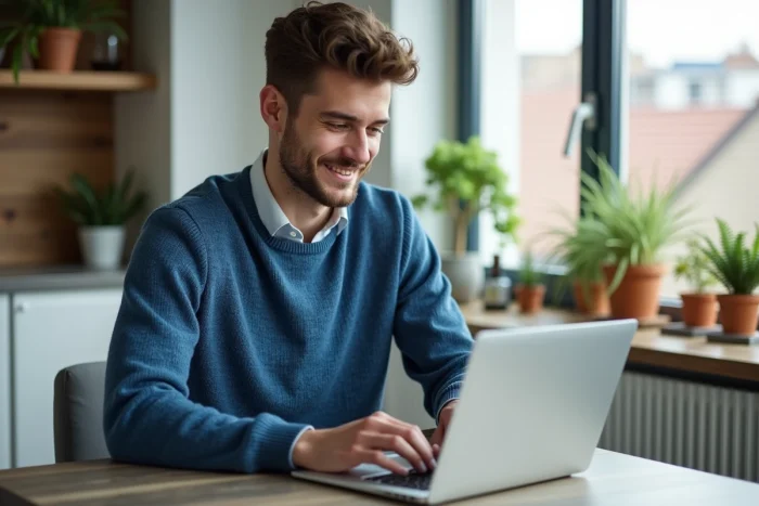 Jeune homme au bureau cuisine avec ordinateur moderne
