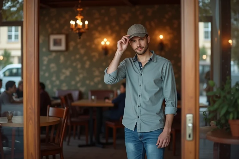 Jeune homme dans un café respectant la tradition en enlevant son chapeau