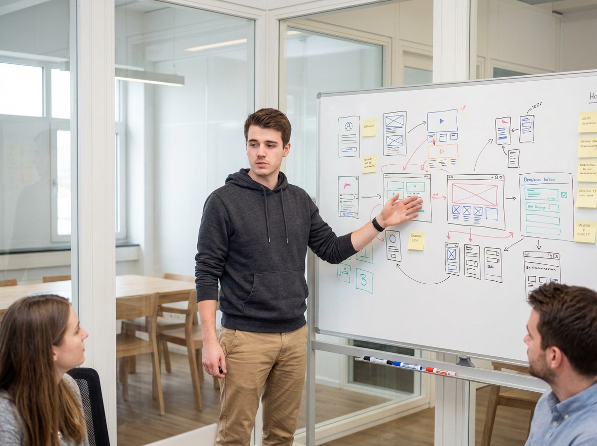Jeune homme expliquant des notes de design devant un tableau blanc