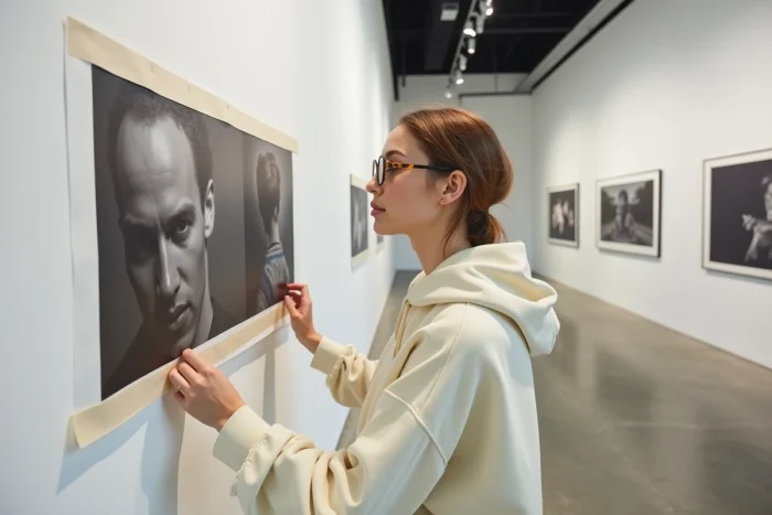 Jonge hedendaagse fotograaf die een grote zwart-wit afdruk ophangt in een moderne kunstgalerie met witte wanden