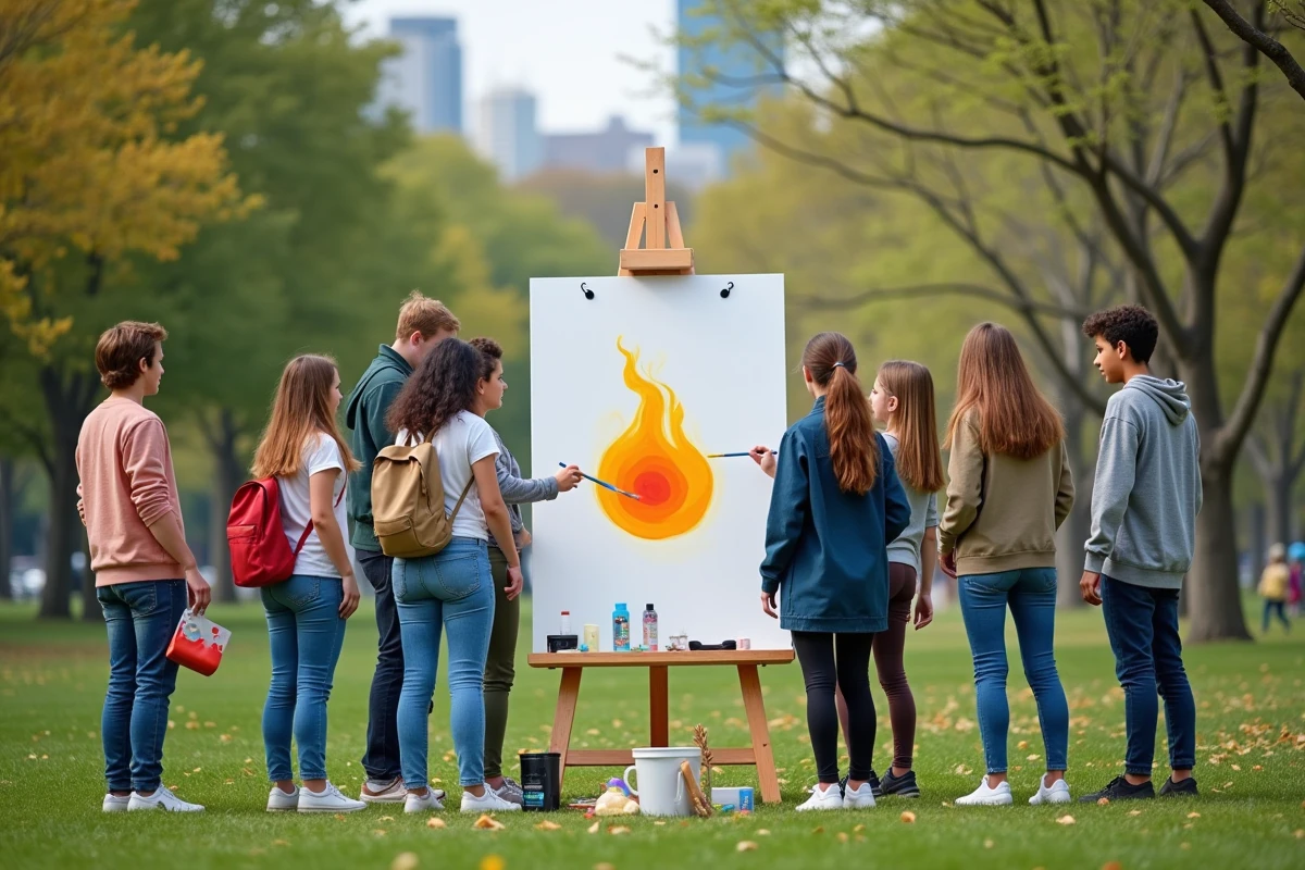 Group of teenagers painting on a canvas in an urban park