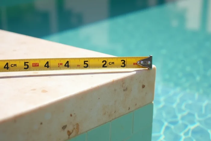 Close em um banco de piscina em travertino com fita métrica indicando a largura ideal entre 45 e 70 centímetros