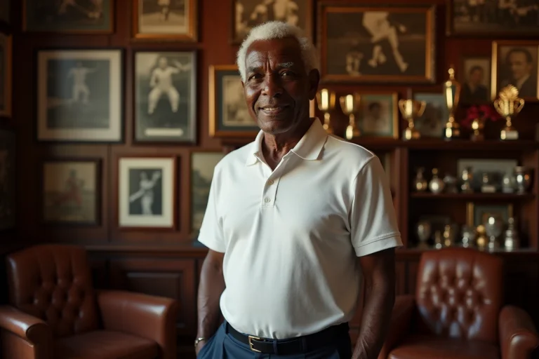 Portrait d'une légende du sport posant devant un mur de trophées et de photographies historiques dans une salle de champions