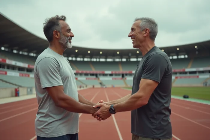 Twee grote legenden van de wereldsport schudden elkaar de hand op een historische atletiekbaan als teken van wederzijds respect
