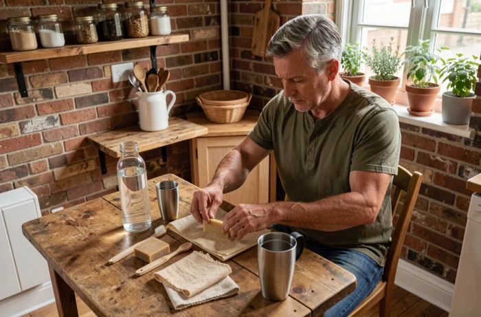Homme organisant des objets du quotidien écoresponsables sur une table en bois, cuisine naturelle et zéro déchet