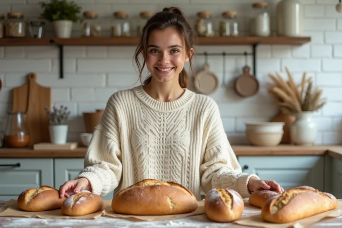 Young woman arranging homemade whole grain breads on a wooden table in a rustic country kitchen