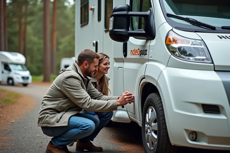 Couple appliquant un nom personnalisé en lettres vinyle sur leur camping-car blanc dans un camping entouré de pins