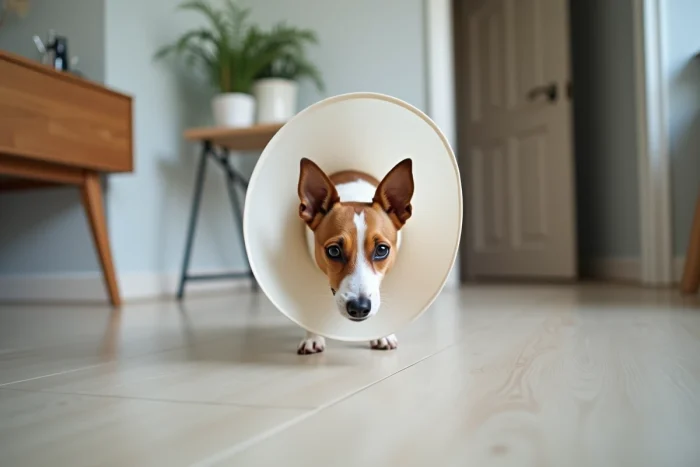 Pequeno Jack Russell terrier com um colar elizabetano explorando calmamente o corredor de um apartamento moderno