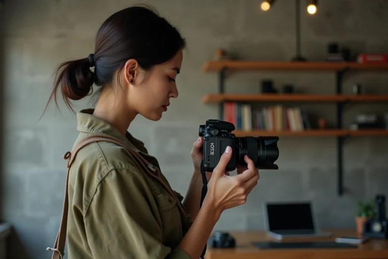 Photographe contemporaine examinant ses clichés sur un appareil photo reflex dans un studio minimaliste aux murs en béton brut