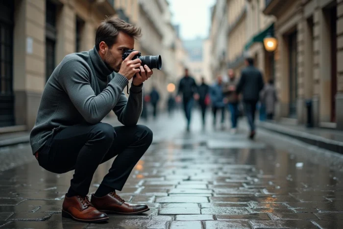 Mannelijke straatfotograaf die zich op natte stenen in Europa bukt en de architectuur vastlegt met een analoge camera