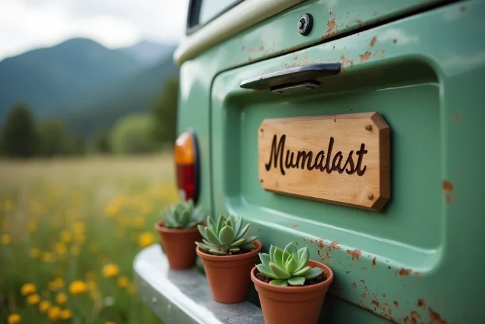 Placa de madeira gravada com o nome personalizado de um motorhome vintage verde sálvia, decorada com pequenas plantas suculentas
