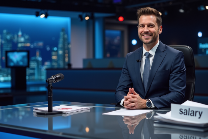 Présentateur TV confiant au studio avec documents salaire