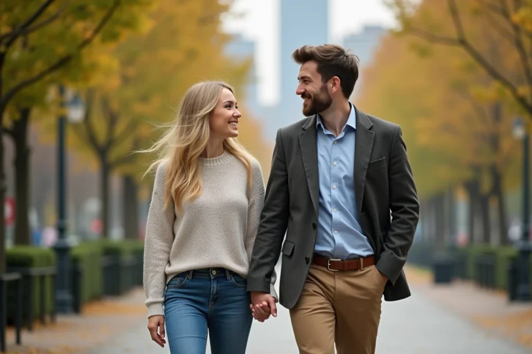 Femme blonde et homme marchent dans un parc urbain ensoleille