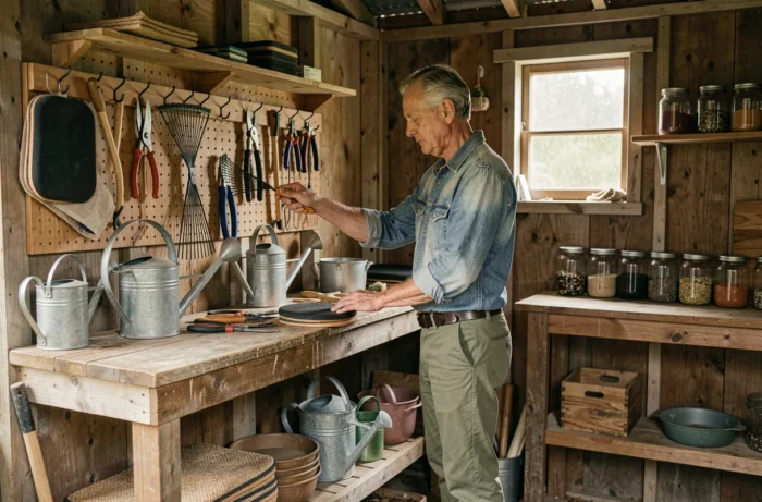 Homme organisant des équipements de jardinage sur un établi en bois dans un abri de jardin rustique avec rangements muraux
