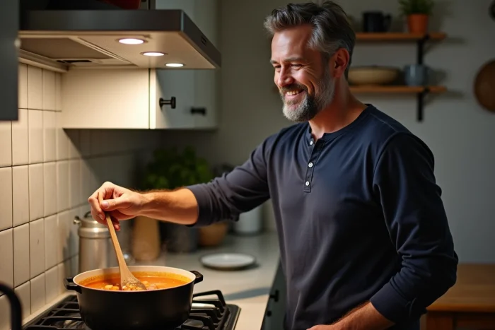 Man stirring homemade soup in a pot on a gas stove in a family kitchen