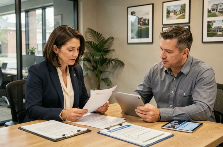 Une cliente et un agent immobilier examinent une checklist et des documents lors d'un rendez-vous en agence