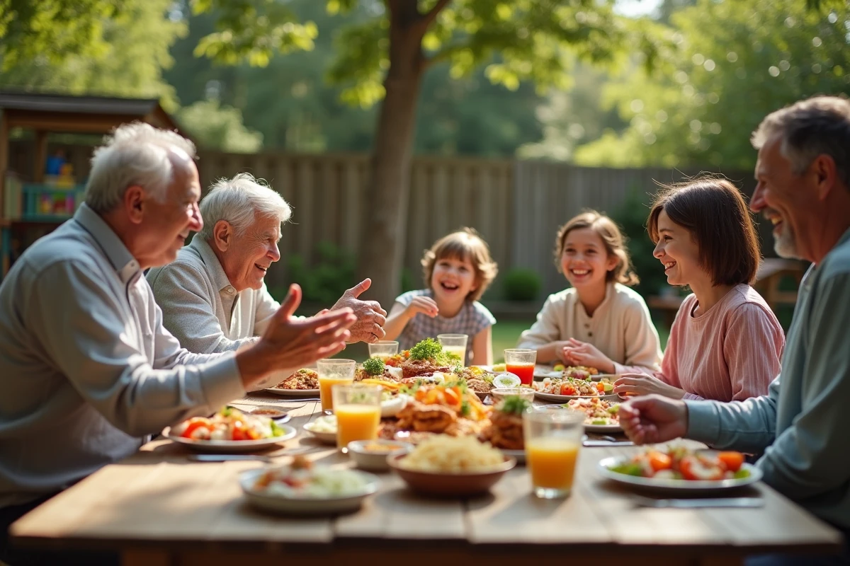 Famiglia multigenerazionale che condivide un pasto all