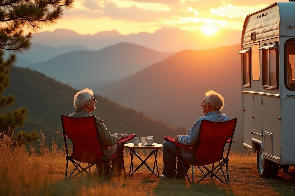 Retired couple relaxing near a motorhome at sunrise