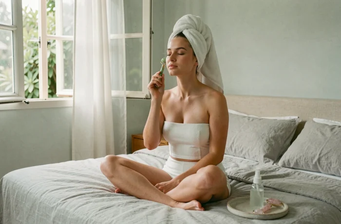 Jeune femme utilisant un rouleau jade pour masser son visage dans une chambre lumineuse et apaisante, rituel beauté bien-être