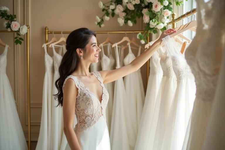 Femme en robe de mariée moderne dans une boutique chic à Paris