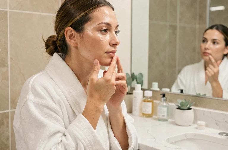 Femme appliquant un sérum visage dans une salle de bain minimaliste en marbre blanc, routine beauté quotidienne