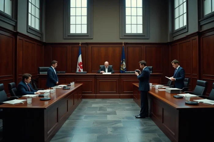 Wide-angle view of a courtroom during a judicial liquidation procedure with judge and lawyers