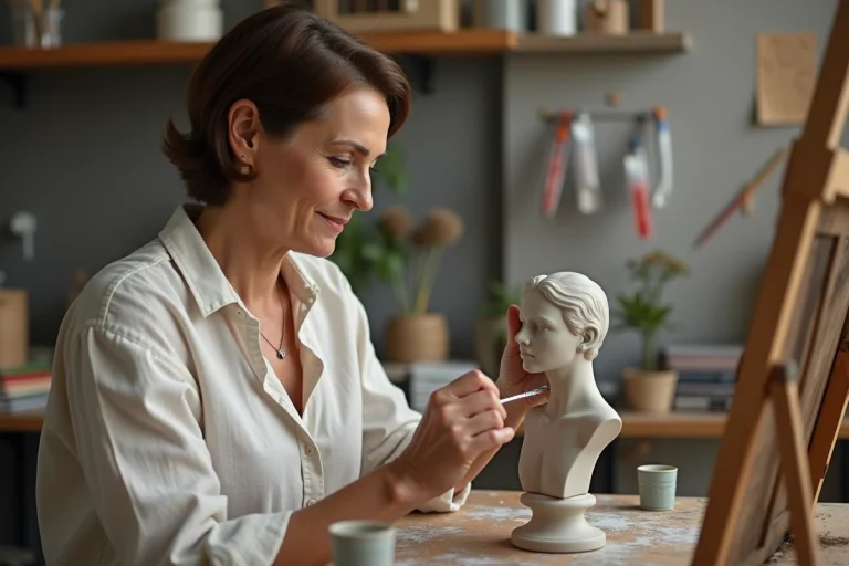 Femme d'âge moyen sculptant un buste en argile dans un atelier d'art
