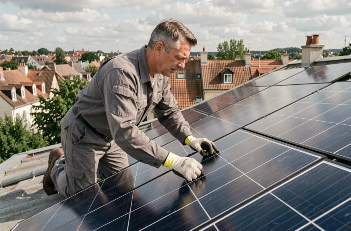 Technicien installant des panneaux solaires photovoltaïques sur un toit urbain