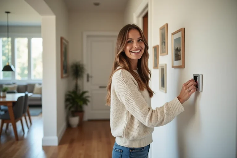 Femme souriante ajustant un thermostat dans une maison moderne