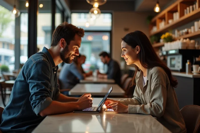 Two people speaking different languages using an online audio translator on a tablet in a café