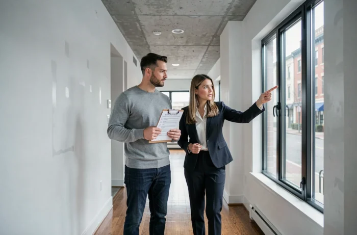 Un acheteur avec une checklist visite un appartement vide accompagné d'une agente immobilière