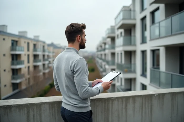 Real estate investor inspecting a rental apartment from the balcony with a view of the city